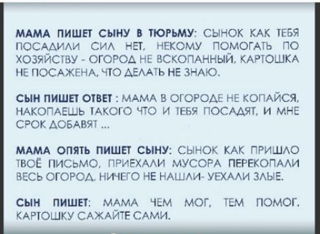 ммм пишп сыну 5 югьмт сынок КАК тебя ПОСААИАИ СИА нет некому помощь по хозяйсгву огород не вскопмный КАПОШКА не пошжгнд что АЕААТЬ не зима СЫН ПИШП ОБЕТ МАМА В ОГОРОАЕ НЕ КОПАЙСЯ НАКОПАЕШЬ Акого ЧТО И ТЕБЯ ПОСААЖ И МНЕ СРОК АОБАВЯ МАМА опять пиши сыну сынок КАК ПРИШАО шоЕ письмо ПРИЕХААИ МУСОРА ПЕРЕКОПААИ ВЕСЬ ОГОРОА нише НЕ НАШАИг УЕХААИ ЗАЫЕ сын ПИШЕ МАМА ЧЕМ МОГ ТЕМ ПОМОГ КАРЮЩКУ САХАЙТЕ САМИ
