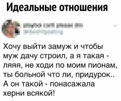 идеальные ОТНОШЕНИЯ Мн Рг4 Хочу выйти замуж и чтобы муж дачу строип я такая ПНЯЯ не ХОДИ ПО МОИМ ПИОНЗМ ты больной что ли придурок А он такой понасажала херни всякой