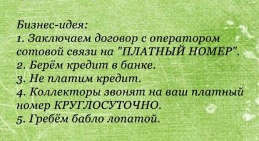 Бизнес идея 1 Заключаем договор с операпю сотовой связи на ПЛАТНЫЙН 2 Берём кредит в банке 3 Не платим кредит 4 Коллекторы звонят нц ваш платный номер КРУГЛОСУТОЧНО 5 Гребём бабю лопатой _