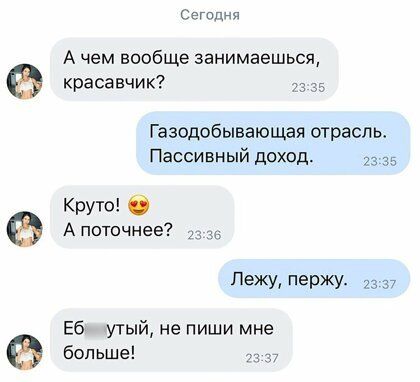 Сэгппнч А чем вообще занимаешься красавчик Г азодобывающая отрасль Пассивный доход 23 Круто О Апоточнее ПЕЖУ еРЖУ 23 37 Еб утый не пиши мне больше