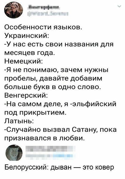 ан Особенности языков Украинский У нас есть свои названия для месяцев года Немецкий Я не понимаю зачем нужны пробелы давайте добавим больше букв в одно слово Венгерский На самом деле я эльфийский под прикрытием Латынь Случайно вызвал Сатану пока признавался в любви Белорусский дыван это ковер