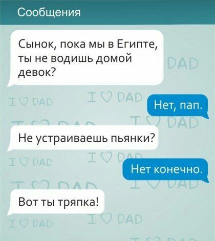 Сынок пока мы в Египте ты не водишь домой девок Не устраиваешь пьянки Нет конечно Вот ты тряпка
