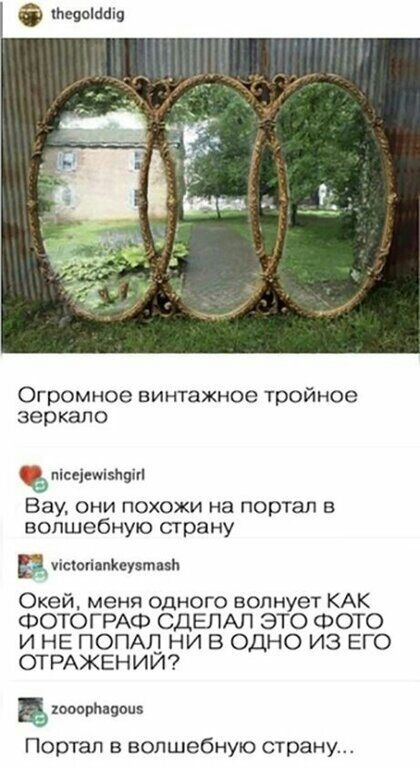 Ьеяоігтш Огромное винтажное тройное зеркало ЪМсеітшщіп Вау они похожи на портал в волшебную страну чісюгі пкттвви Окей меня одного волнует КАК ФОТОГРАФ СДЕЛАЛ ЭТО ФОТО И НЕ ПОПАЛ НИ В ОДНО ИЗ ЕГО ОТРАЖЕНИИ хмврйнвоиз Портал в волшебную страну