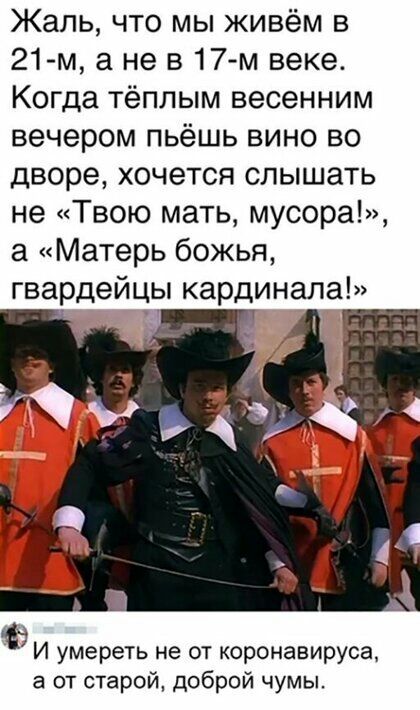 Жаль что мы живём в 21 м а не в17 м веке Когда тёплым весенним вечером пьёшь вино во дворе хочется слышать не Твою мать мусора а Матерь божья гвардейцы кардинала И умереть не от коронавируса а от старой доброй чумы