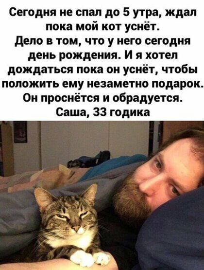 Сегодня не спал до 5 утра ждал пока мой кот уснёт дело в том что у него сегодня день рождения И я хотел дождаться пока он уснёт чтобы положить ему незаметно подарок Он проснётся и обрадуется Саша 33 годика