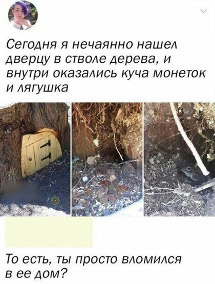 щ Сегодня я нечаянно нашел дверцу в стволе Дерева и внутри оказались куча монеток и лягушка То есть ты просто вломился в ее дом