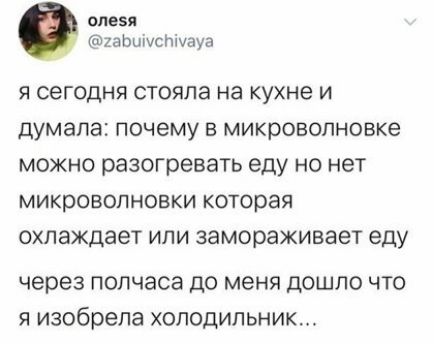 ОПЕБЯ шЬышсПпауа Я СЕГОДНЯ СТОЯПЭ на КУХНЕ И думала Почему В микроволновке МОЖНО разогревать еду НО нет МИКРОБОПНОВКИ которая охлаждает ИПИ замораживает еду через полчаса ДО меня ДОШЛО ЧТО Я изобрела ХОЛОДИЛЬНИК