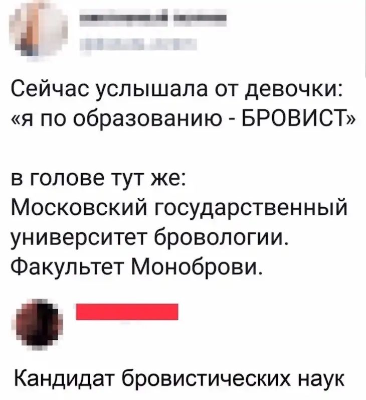 ___ Сейчас услышала от девочки я по образованию БРОВИСТ в голове тут же Московский государственный университет бровологии Факультет Моноброви Кандидат бровистических наук
