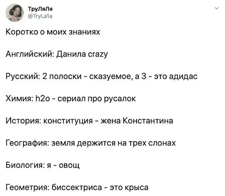 ТруПяЛя Тгу_г а Коротко о моих знаниях Английский Данила сга2у Русский 2 полоски сказуемое а 3 это адидас Химия 120 сериал про русалок История конституция жена Константина География земля держится на трех слонах Биология я овощ Геометрия биссектриса это крыса