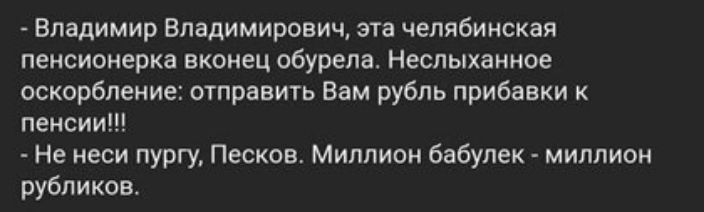 Владимир Владимирович эта челябинская пенсионерка вконец обурела Неспыханное оскорбление отправить Вам рубль прибавки к пенсии Не неси пургу Песков Миллион бабулек миллион рубликов