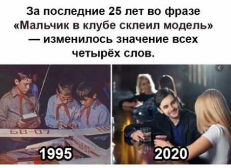 За последние 25 лет во фразе Мальчик в клубе склеил модель изменилось значение всех четырёх слов
