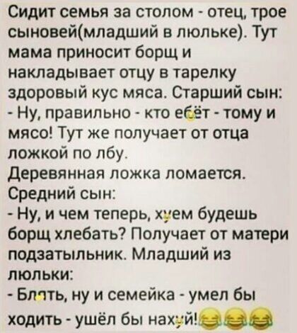 Сидит семья за столом отец трое сьпноаеймпадший в люльке Тут мама приносит борщ и накладывает отцу в тарелку здоровый кус мяса Старший сын Ну правильно кто еёт тому и мясо Тут же получает от отца ложкой по лбу деревянная ложка ломается Средний сын Ну и чем теперь хуем будешь борщ хлебать Получает от матери подзатыльник Младший из люльки Блять ну и семейка умел бы ходить ушёл бы нахуй