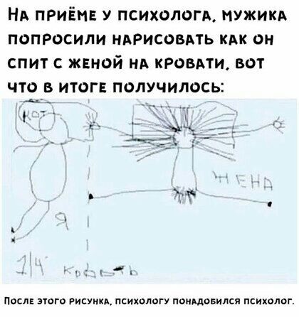 НА приём у психологд мужикд попросили нврисовдть кдк он спит женой нд кровли вот что в итог получилось посл этого РИЕУИКА психологу пвиддовился психолог