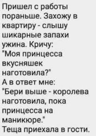 Пришел работы пораньше Захожу в квартиру слышу шикарные запахи ужина Кричу Моя принцесса вкусняшек наготовила А в ответ мне Бери выше королева наготовипа пока принцесса на маникюре Теща приехала в гости