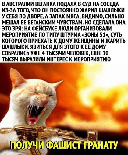 В АВСТРАЛИИ ВЕГАНКА ПОДАЛА В СУД НА ОСШ ИЗ ЗА ТОГО ЧТО ОН ПОСТ ОЯННО ЖАРИЛ ШАШЛЫКИ У СЕБЯ ВО дВОРЕА ЗАПАХ МЯСА видимо СИЛЬНО МЕШАЛ ЕЕ ВЕГАНСКИМ ЧУВСТВАМЛО СДЕЛАЛА ОНА ЭТО ЗРЯ НАФЕЙСБУКЕ ЛЮДИ ОРГАНИЗОВАЛИ МЕРОПРИЯТИЕ ПО ТИПУ ШТУРМА ЗОНЫ 51 СУТЬ КОТОРОГО ПРИЕХАТЬ К дОМУ ЖЕНЩИНЫ И ЖАРИТЬ ШАШЛЫКИ_ЯВИТЬСЯ для ЭТОГО К ЕЕ ЦОМУ СОБРАЛИСЬ УЖЕ 4 ТЫСЯЧИ ЧЕЛОВЕК ЕЩЕ 10 ТЫСЯЧ ВЫРАЗИЛИ ИНТЕРЕС К МЕРОПРИЯТИЮ