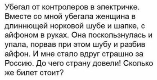 Убегап от контролеров в электричке Вместе со мной убегапа женщина в длиннющей норковой шубе и шапке айфоном в руках Она поскользнулась и упала порвав при этом шубу и разбив айфон И мне стало вдруг страшно за Россию до чего страну довели Сколько же билет стоит