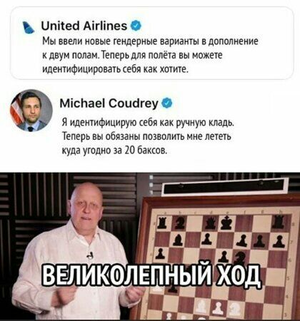 ипиеа Аігіпе Мы ввели новые гендерные привиты дополнение к двум полам Теперь пм идетифицировапьсебя хите Міспае Соиагеу я идеичифицирую себя как ручную кладь Теперь вы обязаны равнять мне лать куда уюдип за 10 веков