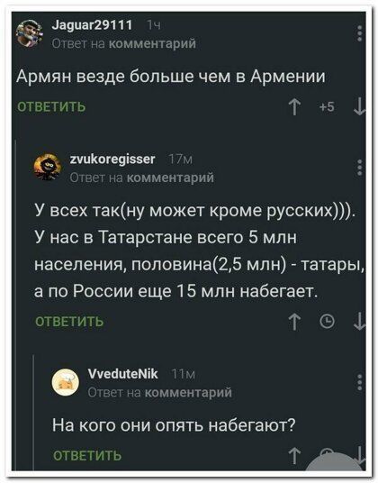Цациа72911 Армян везде больше чем в Армении д пцКшеціззег У всех такну может кроме русских У нас в Татарстане всего 5 млн населения поповина25 млн _ татары а по России еще 15 млн набегает уеапкешк На кого они опять набегают