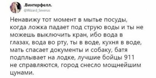 Ненавижу тот момент в мытье посуды когда ложка падает под струю воды и ты не можешь выключить кран ибо вода в глазах вода во рту ты в воде кухня в воде мать спасает документы и собаку батя подплывает на лодке лучшие бойцы 911 не справляются город снесло мощнейшим цунами