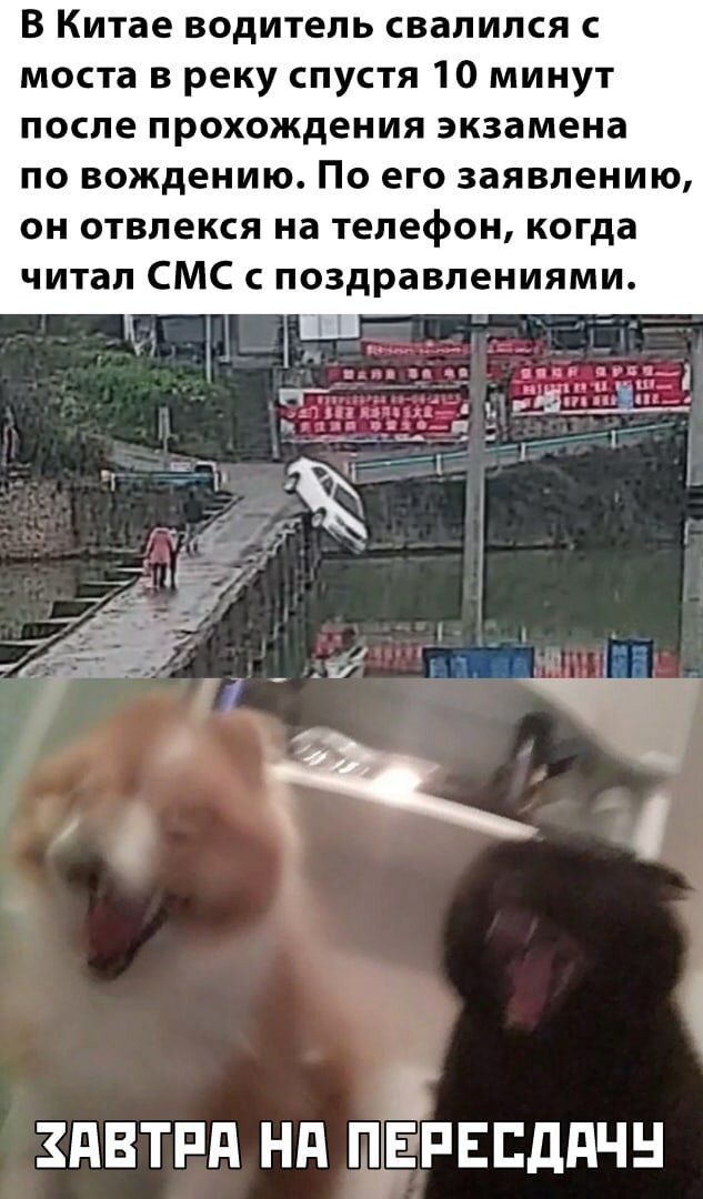 В Китае водитель свалился моста в реку спустя 10 минут после прохождения экзамена по вождению По его заявлению он отвлекся на телефон когда читал СМС с поздравлениями н ЗПВТРП Нд ПЕРЕЕДПЧН