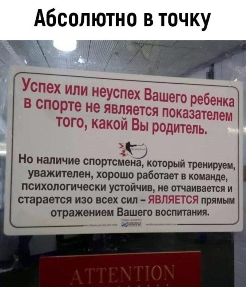 Абсолютно в точку В спорте не ЯВЛЯЭТСЯ показателем У спех или неуспех Вашего ребенка того какой Вы родитель Ад Но наличие спортсмена который тренируем уважителен хорошо работает в команде психологически устойчив не отчаивается и старается изо всех сил ЯВЛЯЕТСЯ прямым отражением Вощего воспитания дар ы _ а