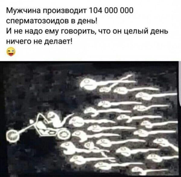 Мужчина производит 104 000 000 сперматозоидов в день И не надо ему говорить что он целый день ничего не делает