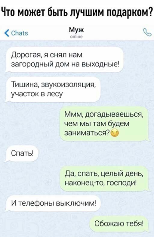 Что может быть лучшим подарком СНаіэ Муж Дорогая я снял нам загородный дом на выходные Тишина звукоизоляция УЧЭСТОК В лесу Ммм догадываешься чем мы там будем заниматься6 Спать Да спать целый день наконецто господи И телефоны выключим Обожаю тебя
