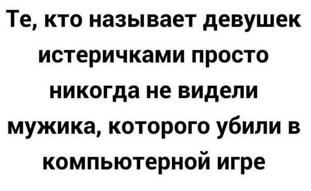 Те кто называет девушек истеричками просто никогда не видели мужика которого убили в компьютерной игре