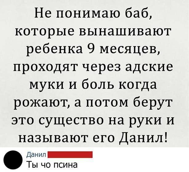 Не понимаю баб которые вынашивают ребенка 9 месяцев проходят через адские муки и боль когда рожают а потом берут это существо на руки и называют его Данил данип _ Ты чо псина
