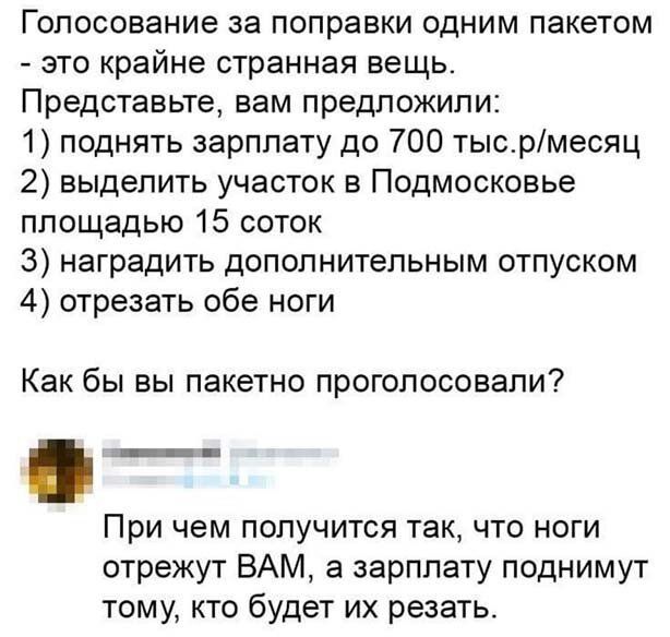 Голосование за поправки одним пакетом это крайне странная вещь Представьте вам предложили 1 поднять зарплату до 700 тысрмесяц 2 выделить участок в Подмосковье площадью 15 соток 3 наградить дополнительным отпуском 4 отрезать обе ноги Как бы вы пакетно проголосовали При чем получится так что ноги отрежут ВАМ а зарплату поднимут тому кто будет их резать