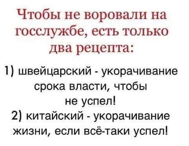 Чтобы не воровали на госслужбе есть только два рецепта швейцарский укорачивание срока власти чтобы не успел 2 китайский укорачивание жизни если всё таки успел