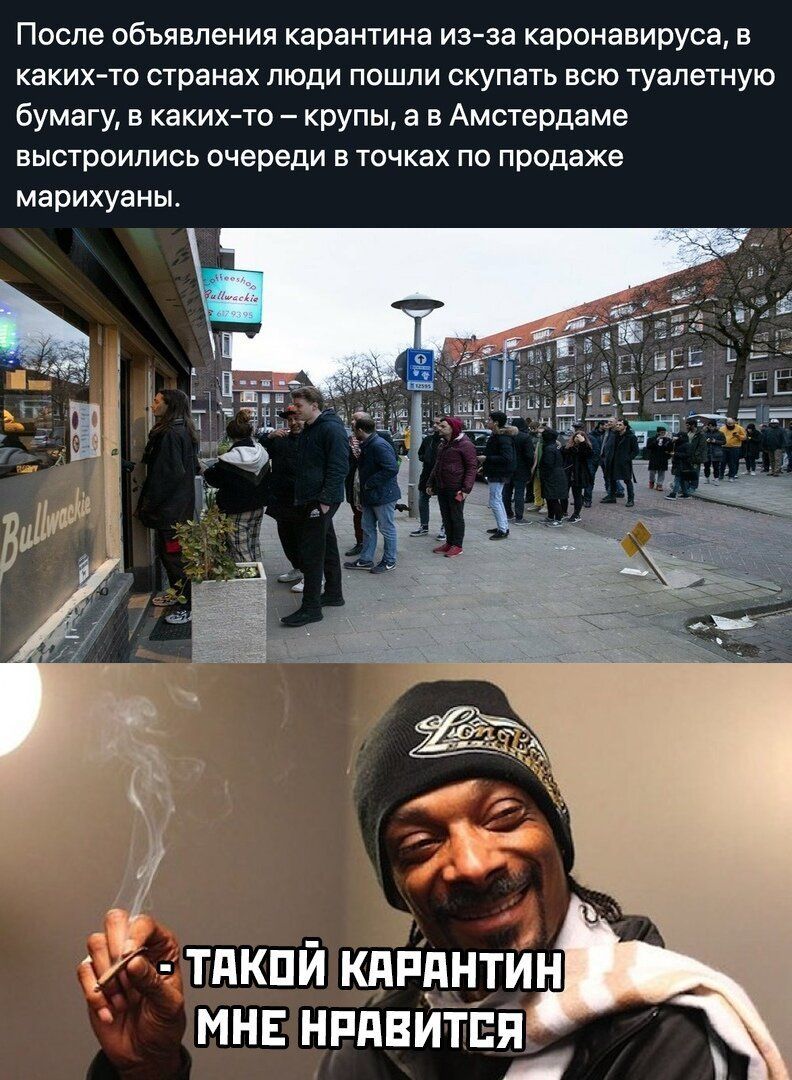 После объявления карантина из за каронавируса в каких то странах люди пошли скупать всю туалетную бумагу в какихто крупы а в Амстердаме выстроились очереди в точках по продаже марихуаны ТдКПЙ КдРдНТИН МНЕ НРПВИТЁЯ