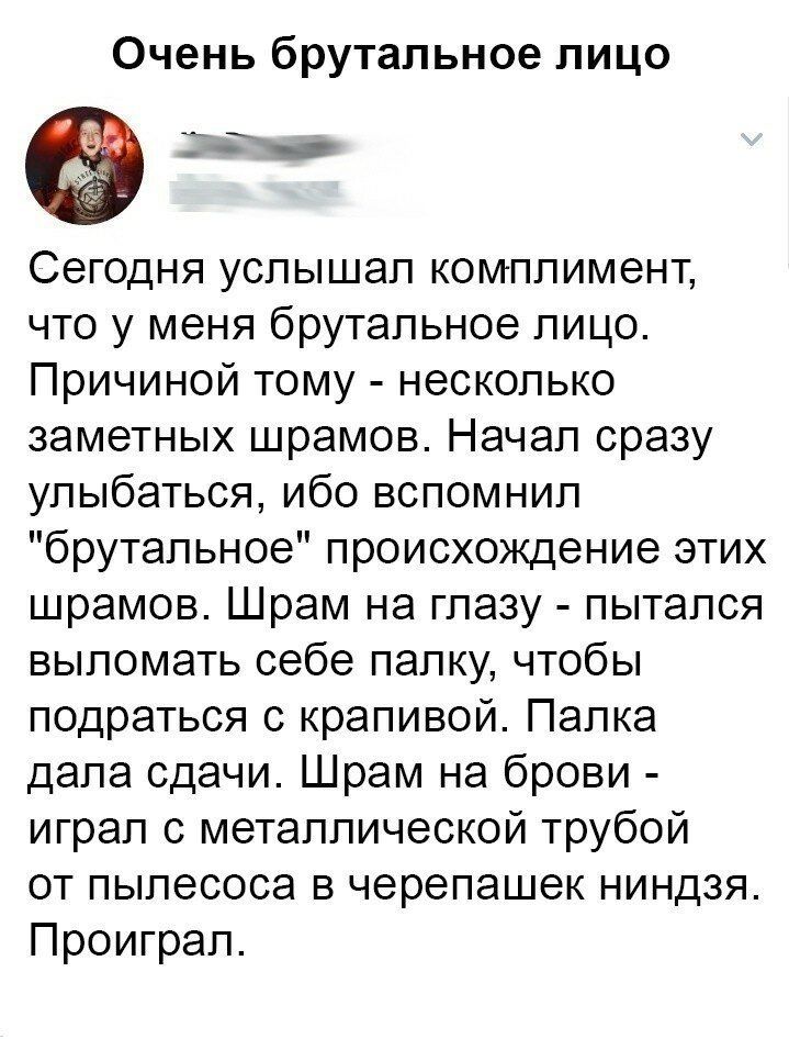 Очень брутальное лицо Сегодня услышал комплимент что у меня брутальное лицо Причиной тому несколько заметных шрамов Начал сразу улыбаться ибо вспомнил брутальное происхождение этих шрамов Шрам на глазу пытался выломать себе палку чтобы подраться с крапивой Палка дала сдачи Шрам на брови играл с металлической трубой от пылесоса в черепашек ниндзя Проиграл