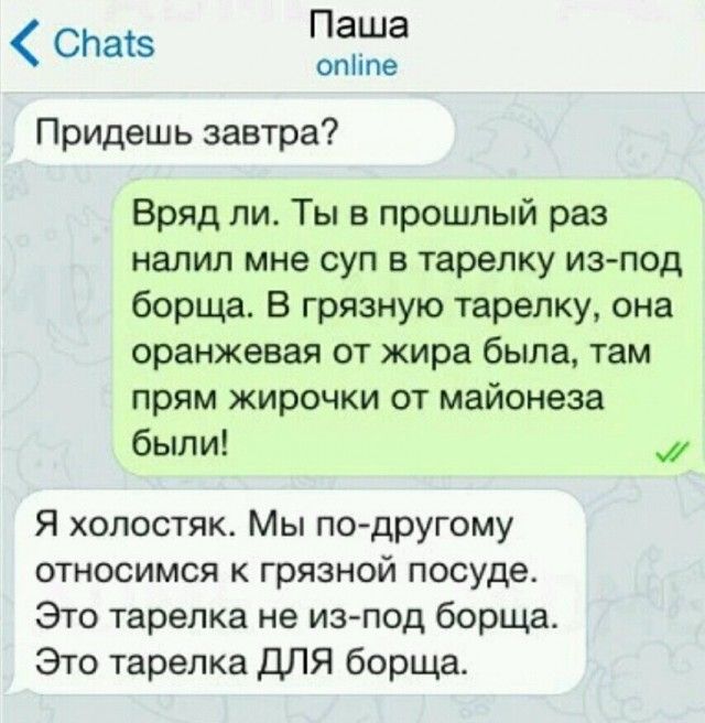 СПатз Паша опііпе Придешь завтра Вряд ли Ты в прошлый раз налил мне суп в тарелку из под борща В грязную тарелку она оранжевая от жира была там прям жирочки от майонеза были Я хопостяк Мы подругому относимся к грязной посуде Это тарелка не из под борща Это тарелка ДЛЯ борща