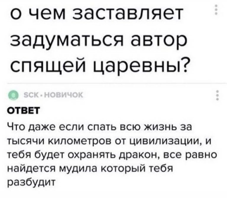 о чем заставляет задуматься автор спящей царевны О ОТВЕТ Что даже если спать всю жизнь за тысячи километров от цивилизации и тебя будет охранять дракон все равно найдется мудипа который тебя разбудит