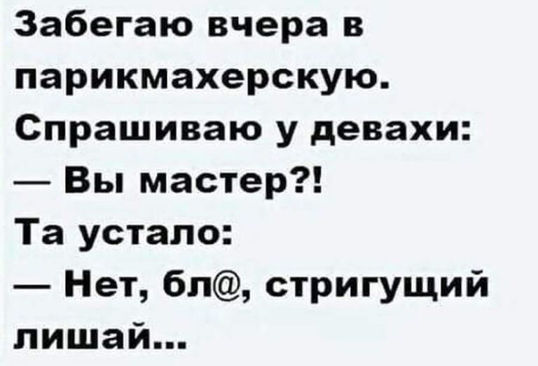 Забегаю вчера в парикмахерскую Спрашиваю у девахи Вы мастер Та устало Нет бл стригущий лишай