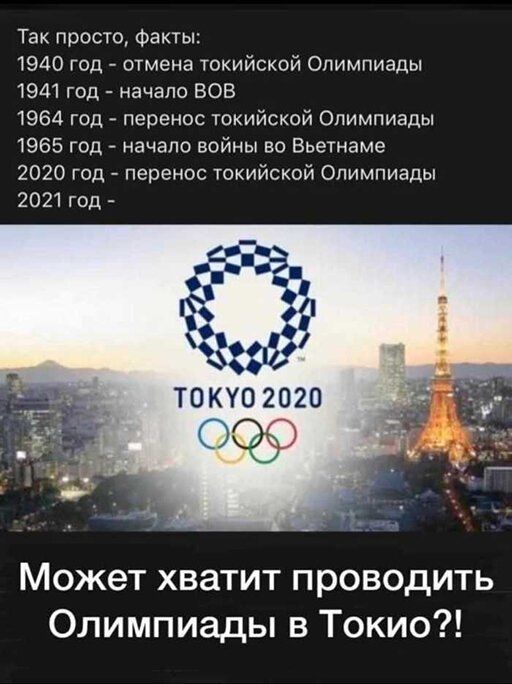 Так просто Факты 1940 год отмена токийской Олимпиады 1941 год начало ВОВ 1964 год перенос токийской Олимпиады 1965 год начала войны во Вьетнаме 2020 год перенос токийской Олимпиады 2021 год Может хватит проводить Олимпиады в Токио