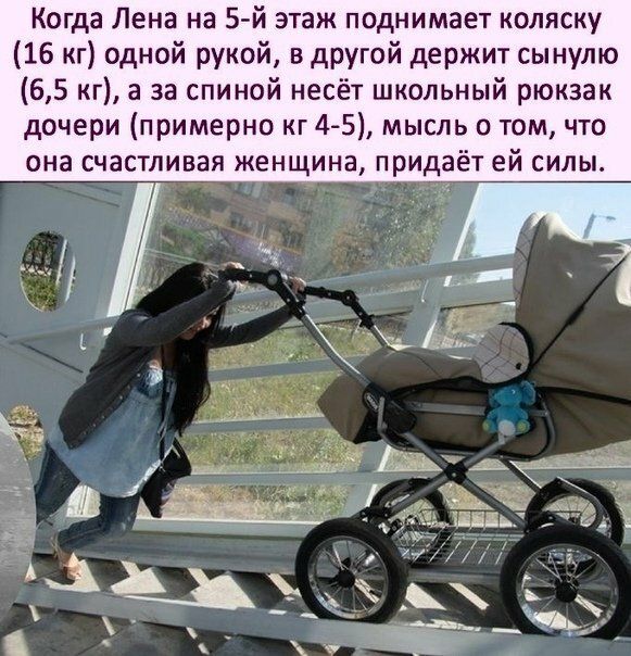 Когда Лена на 5 й этаж поднимает коляску 16 кг одной рукой в другой держит сынулю 65 кг а за спиной несёт школьный рюкзак дочери примерно кг 4 5 мысль о том что она счастливая женщина придаёт ей силы
