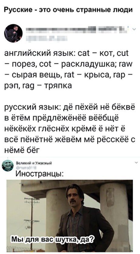 Русские ЭТО очень странные ЛЮДИ ___ ші английский язык сат кот сит порез сот раскладушка гаш сырая вещь гаі крыса гар рэп га тряпка русский язык дё пёхёй нё бёквё в ётём прёдлёжёнёё вёёбщё нёкёкёх глёснёх крёмё ё нёт ё всё пёнётнё жёвём мё рёсскёё с нёмё бёг м Иностранцы