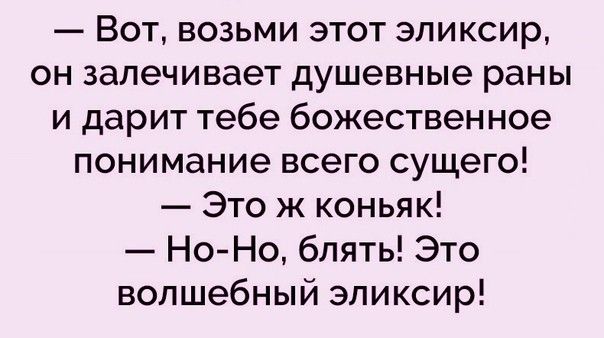 Вот возьми этот эликсир он залечивает душевные раны и дарит тебе божественное понимание всего сущего Это ж коньяк Но Но блять Это волшебный эликсир
