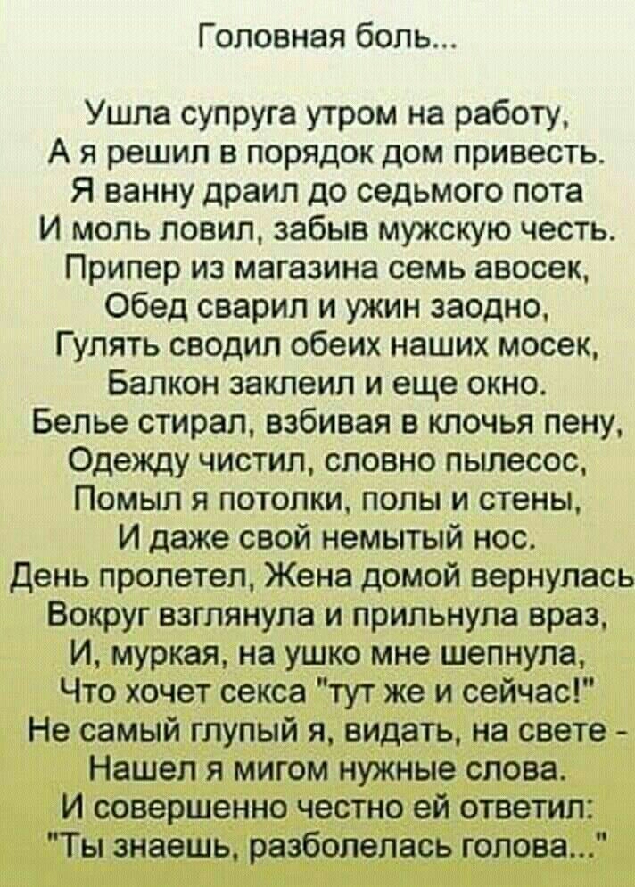 Головная боль Ушла супруга утром на работу А я решил в порядок дом привесть Я ванну драил до седьмого пота И моль ловил забыв мужскую честь Припер из магазина семь авосек Обед сварил и ужин заодно Гулять сводил обеих наших мосек Балкон заклеил и еще окно Белье стирал взбивая в клочья пену Одежду чистил словно пылесос Помыл я потолки полы и стены И даже свой немытый нос День пролетел Жена домой вер
