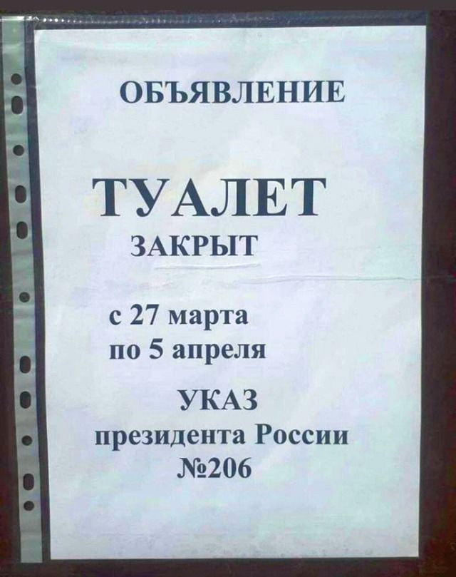 ОБЪЯВЛЕНИЕ ТУАЛЕТ ЗАКРЫТ с 27 марта по 5 апреля УКАЗ президента России 206