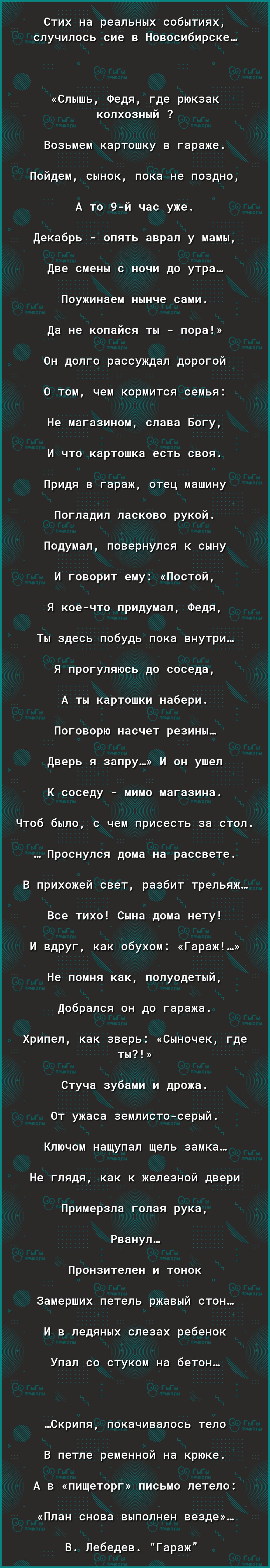 Стих на реальных событиях случилось сие в Новосибирске Слышь Федя где рюкзак колхозный Возьмем картошку в гараже Пойдем сынок пока не поздно А то 9й час уже Декабрь опять аврал у мамы Две смены с ночи до утра Поужинаем нынче сами Да не копайся ты пора Он долго рассуждал дорогой 0 том чем кормится семья Не магазином слава Богу И что картошка есть своя Придя в гараж отец машину Погладил ласково руко