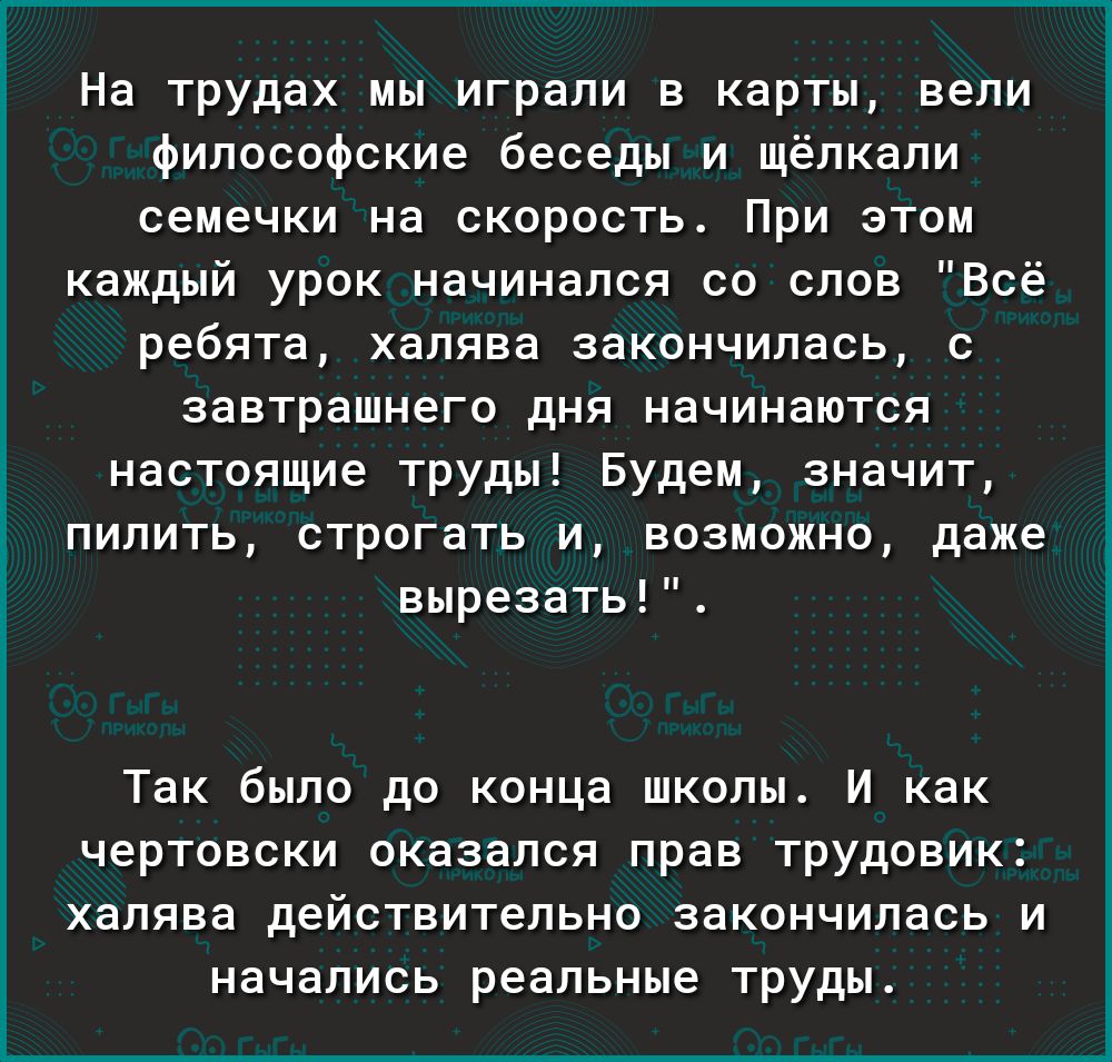 На трудах мы играли в карты вели философские беседы и щёлкали семечки на скорость При этом каждый урок начинался со слов Всё ребята халява закончилась с завтрашнего дня начинаются настоящие труды Будем значит пилить строгать и возможно даже вырезать Так было до конца школы И как чертовски оказался прав трудовик халява действительно закончилась и начались реальные труды