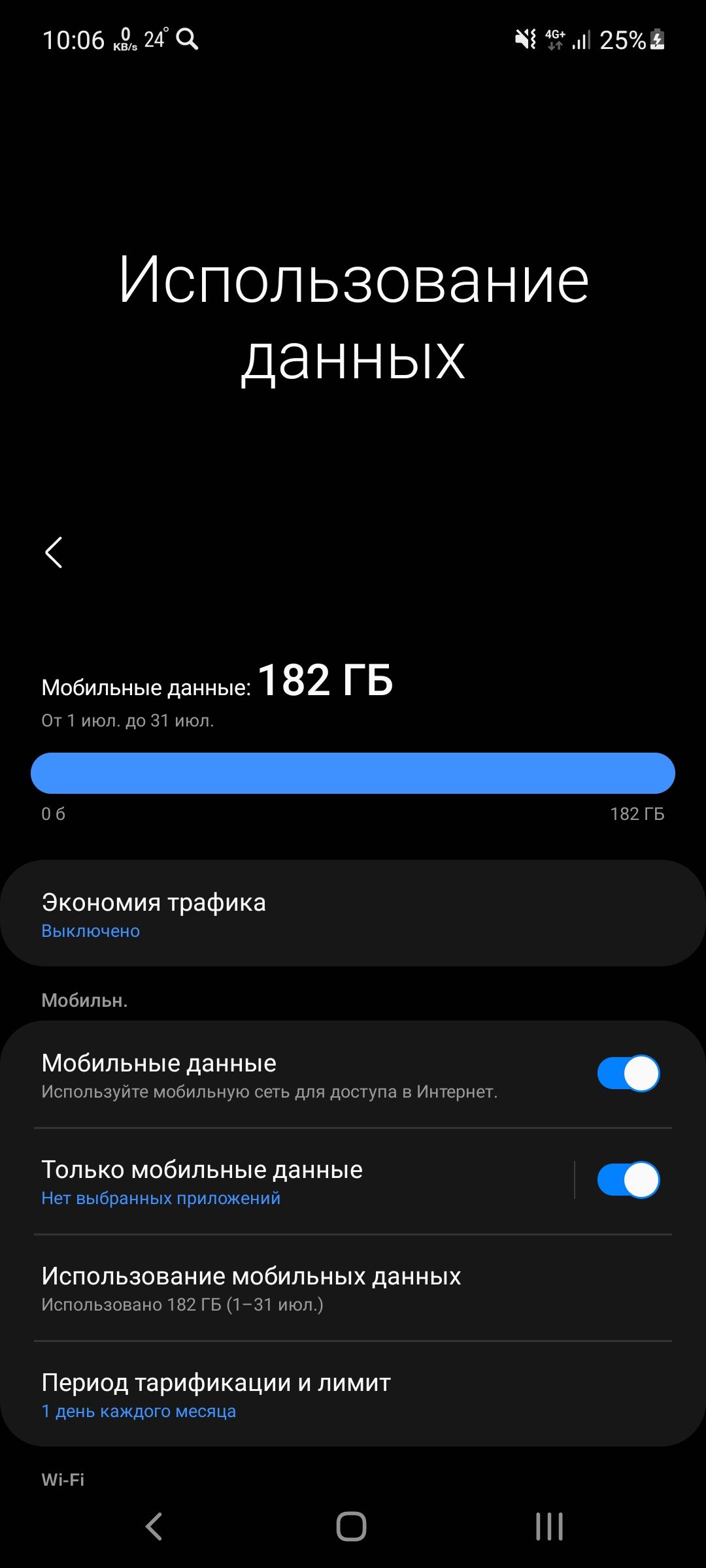 1006 24 чё п 25 Использование данньж Мобильные данные 1 82 ГБ От 1 июл до З1июл Об 182ГБ Экономия трафика Выключено Мобильн Мобильные данные Используйте мобильную сеть для доступа в Интернет Только мобильные данные Нет выбранных приложений использование МОбИЛЬНЫХ данных Использовано 182 ГБ 131 июл период тарификации И ЛИМИТ 1 день каждого месяца Мі Рі 0