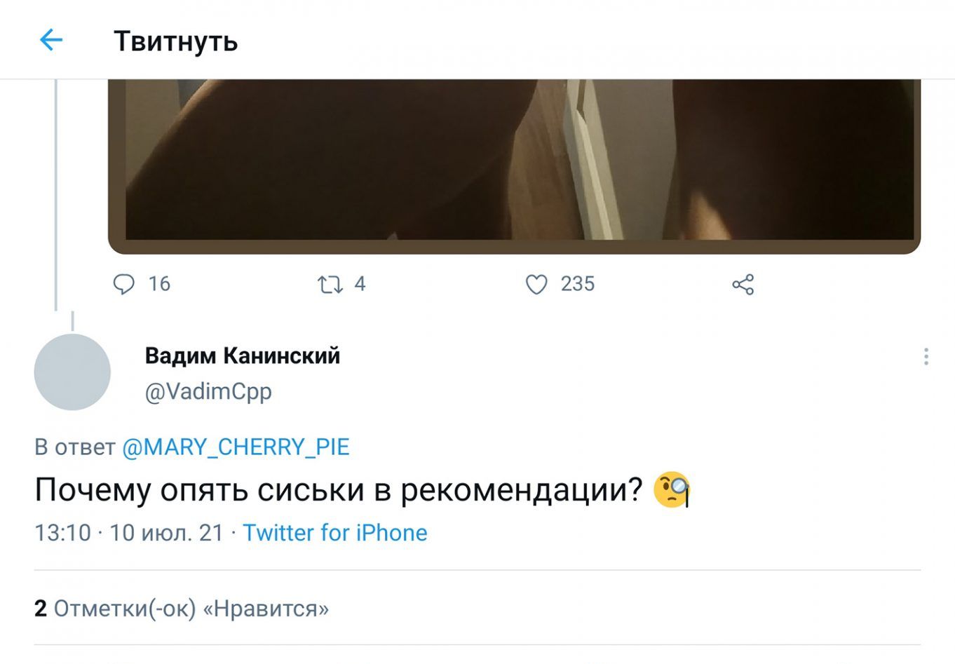 Твитнуть О 16 114 235 Вадим Каминский УасіітСрр В ответ МАКУ_СНЕННУ_РЕ Почему ОПЯТЬ СИСЬКИ В рекомендации 1310 10 июл 21 Тміттег ог іРЬопе 2 Отметки о Нравится