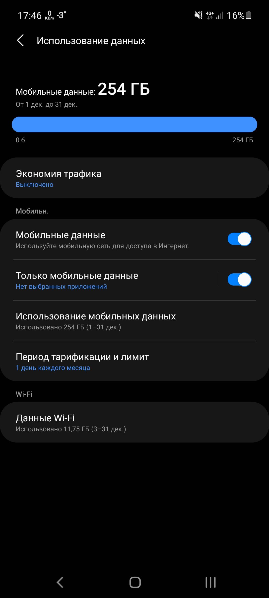 1746 кз з и 16 Использование данных Мобильные данные 254 ГБ От 1 дек до 31 дек О 6 254 ГБ Экономия трафика Выключено Мобильн Мобильные данные Используйте мобильную сеть для доступа в Интернет Только мобильные данные Нет выбранных приложений использование МОбИЛЬНЫХ данных Использовано 254 ГБ 131 дек период тарификации и ЛИМИТ 1 день каждого месяца Аі Рі Данные Аі Рі Использовано 1175 ГБ 331 дек 0