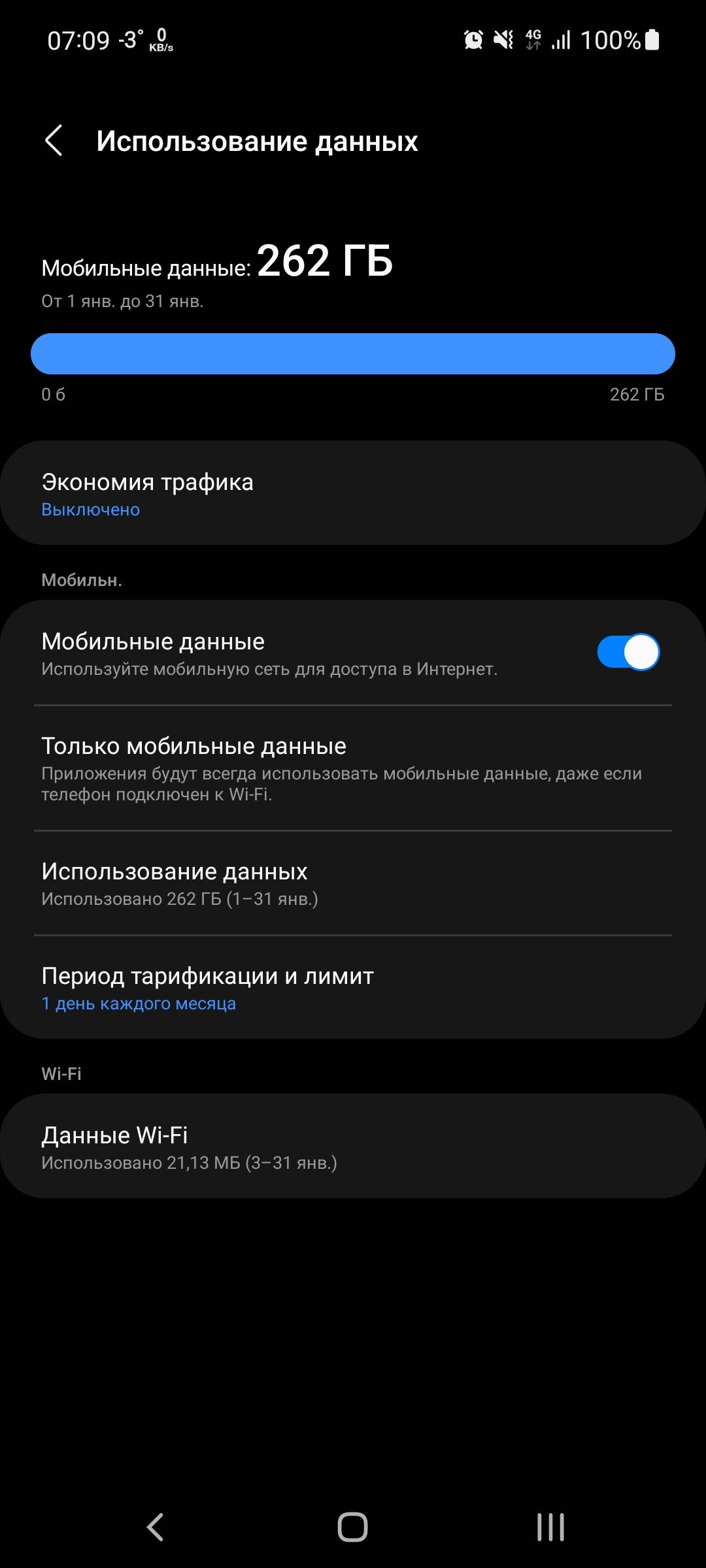 0709 3 в ч 3 п 100 Использование данных Мобильные данные 262 ГБ От 1 янв до 31янв 0 6 262 ГБ Экономия трафика Выключено Мобильн Мобильные данные Используйте мобильную сеть для доступа в Интернет Только мобильные данные Приложения будут всегда использовать мобильные данные даже если телефон подключен к Аі Рі Использование данных Использовано 262 ГБ 131 янв Период тарификации и лимит 1 день каждого 