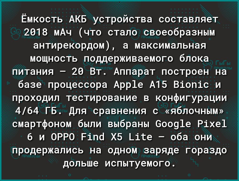 Ёмкость АКБ устройства составляет 2818 мАч что стало своеобразным антирекордом а максимальная мощность поддерживаемого блока питания 26 Вт Аппарат построен на базе процессора Арр1е А15 Віопіс и проходил тестирование в конфигурации 464 ГБ для сравнения с яблочным смартфоном были выбраны 60091е Ріхе1 6 и ОРРО Ріпа ХБ Це оба они продержались на одном заряде гораздо дольше испытуемого