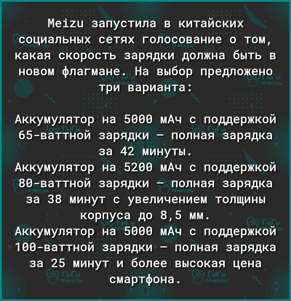 Меіхц запустила в китайских социальных сетях голосование 0 том какая скорость зарядки должна быть в новом флагмане На выбор преможемо три варианта Аккумулятор на 5006 мАч поддержкой 65ваттной зарядки полная зарядка за 42 минуты Аккумулятор на 5206 мАч поддержкой БВ ваттной зарядки полная зарядка за 38 МИНУТ С увеличением ТОПЩИНЫ корпуса до 85 мм Аккумулятор на 5086 мАч поддержкой 188ваттной зарядк